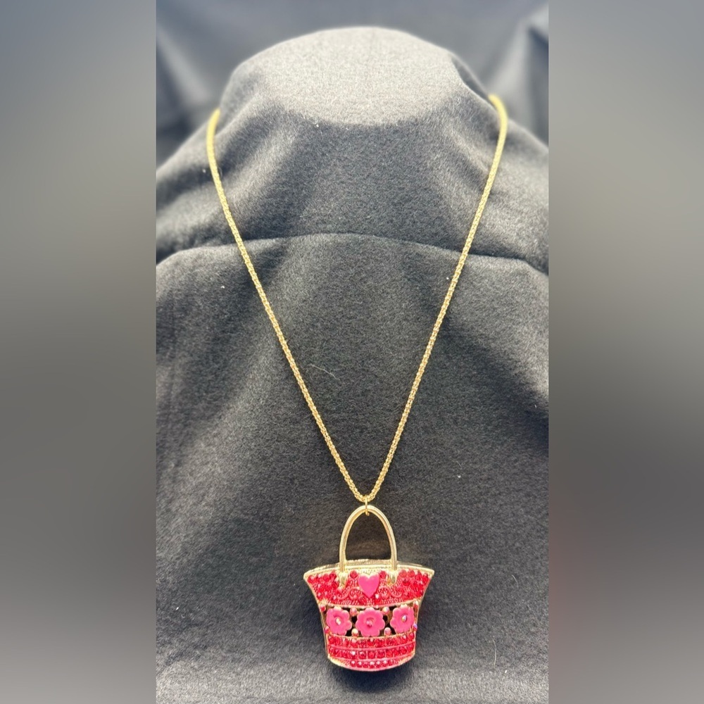 Vintage Betsey Johnson Red Crystal Purse Necklace Pink Floral Heart Enamel Rare